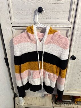 Candie's Pink White Black and Mustard Striped Hooded Sweater
